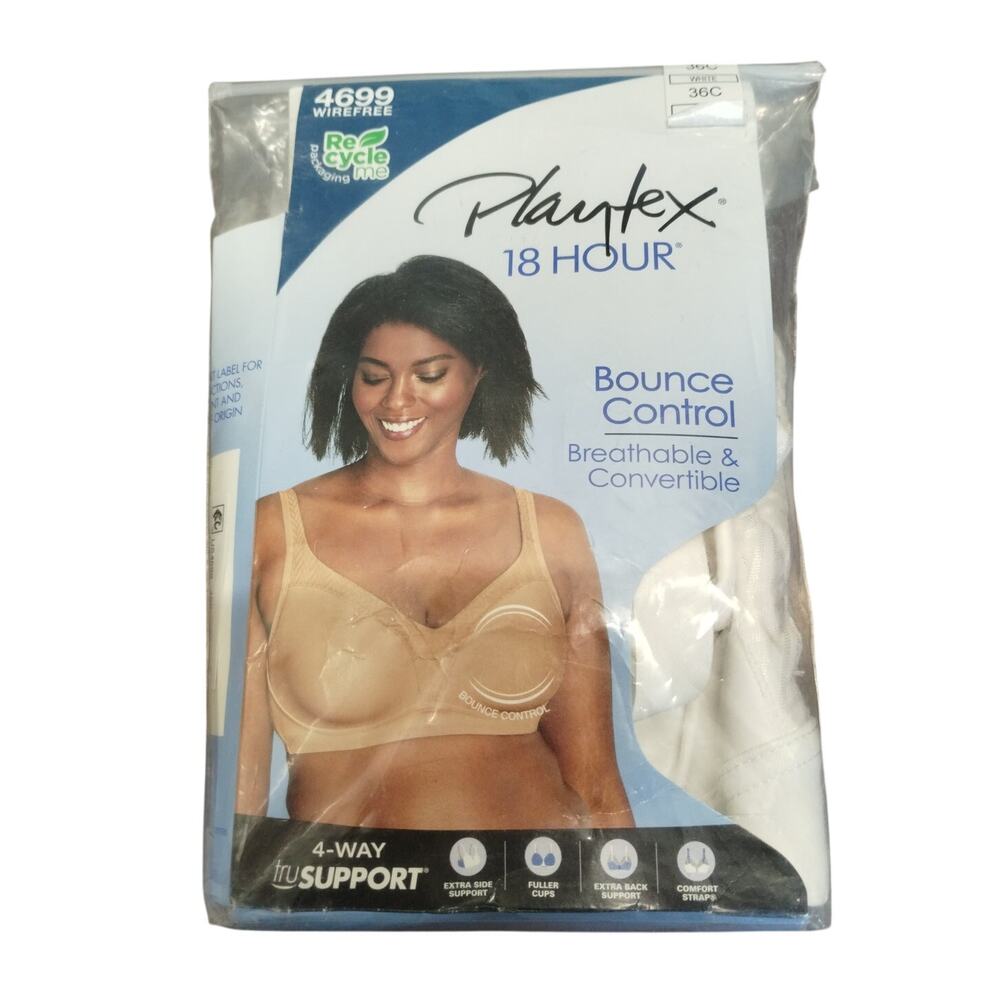Playtex NEW (Open Bag) Size 36C White Bounce Control 18 Hour Wirefree Bra 4699